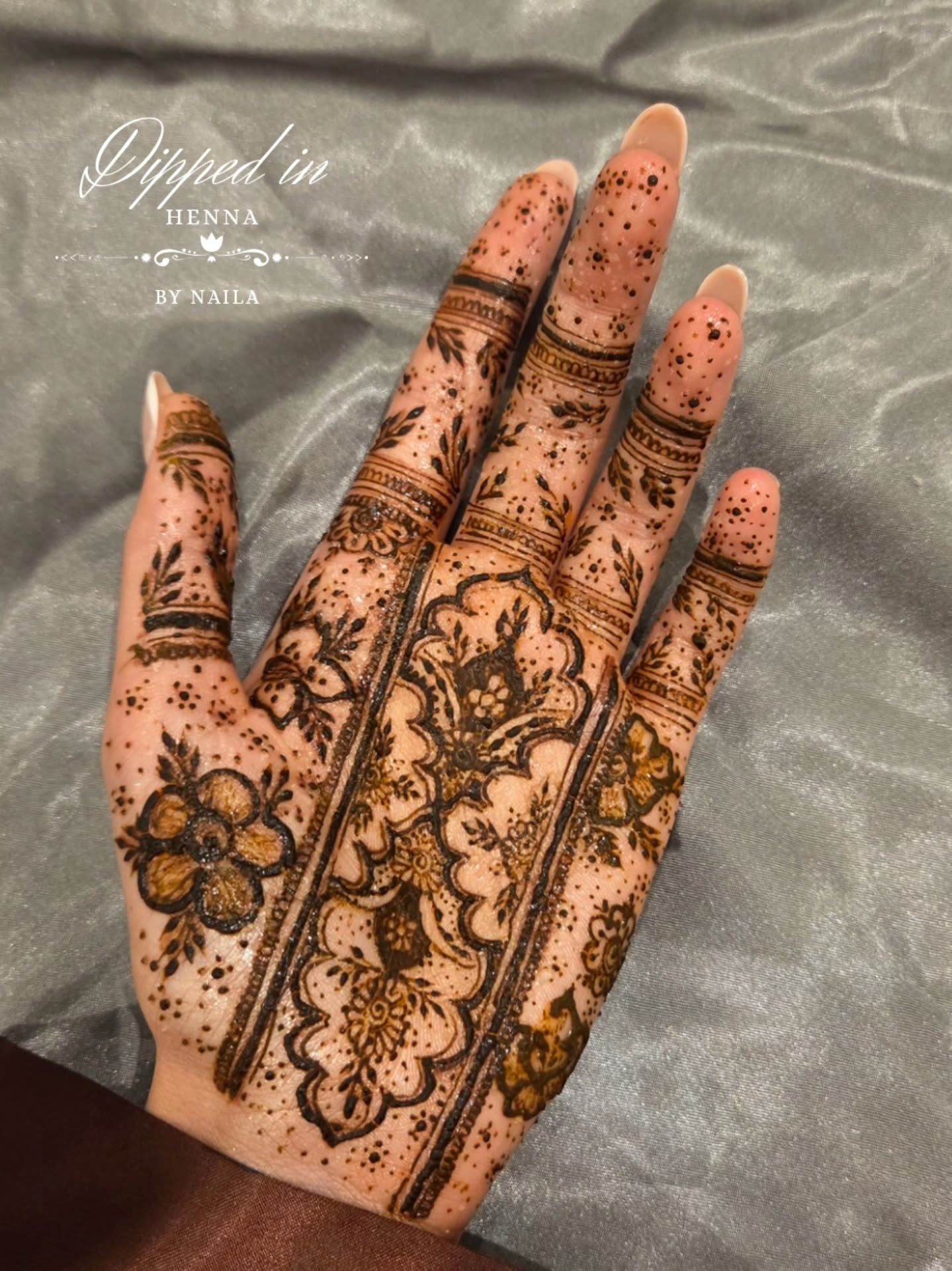 Palm and fingers covered in detailed floral henna